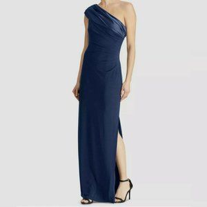Lauren Ralph Lauren Sleeveless Formal Maxi Dress Navy Satin Crossover Shoulder